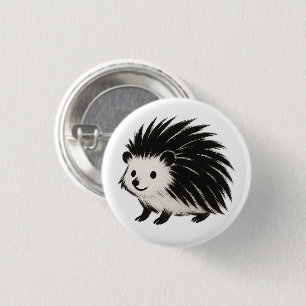 Minimalist Hedgehog – Black Ink Animal Design on  Button