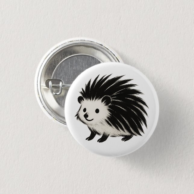 Minimalist Hedgehog – Black Ink Animal Design on  Button (Front & Back)