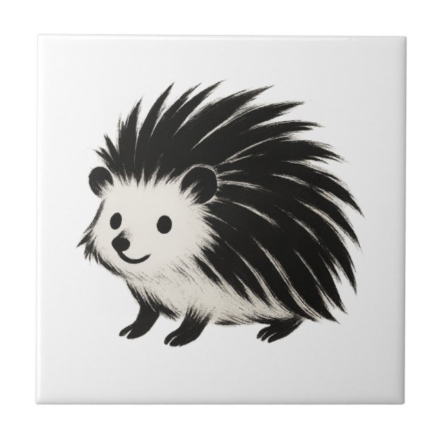 Minimalist Hedgehog – Black Ink Animal Design on  Ceramic Tile (Front)