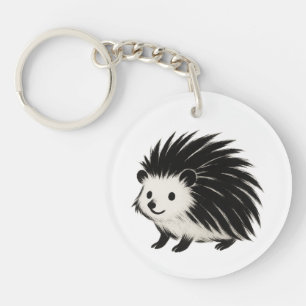 Minimalist Hedgehog – Black Ink Animal Design on Keychain