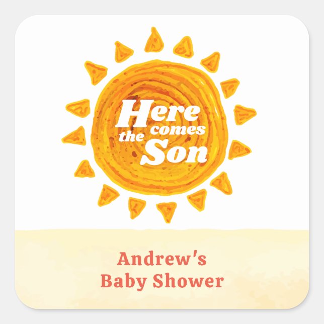 Minimalist Here Come The Son Boho Baby Shower  Square Sticker (Front)