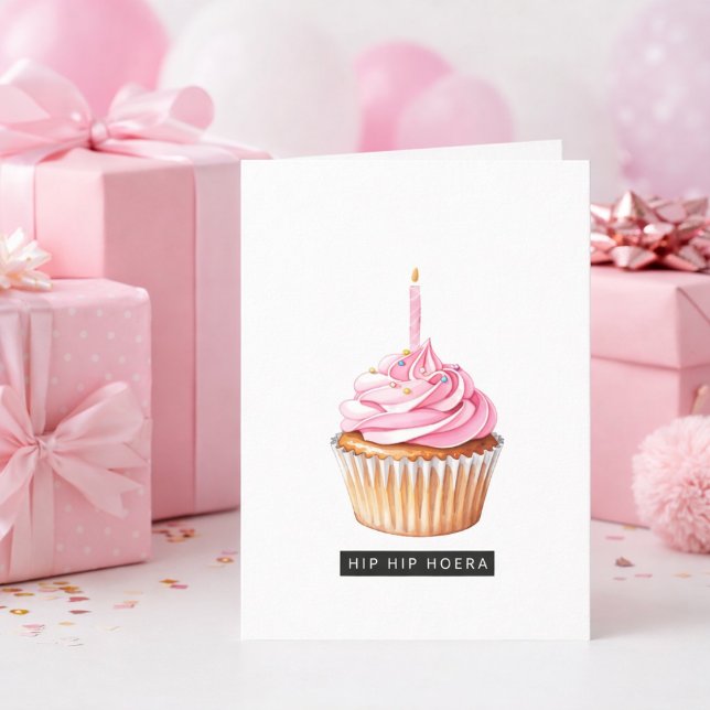 Minimalist Hip Hip Hurray Pink Cupcake Birthday Card (Creator Uploaded)
