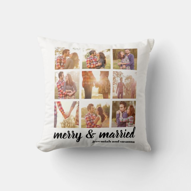 Minimalist Holiday Merry Married 9 Photo Collage Throw Pillow (Front)