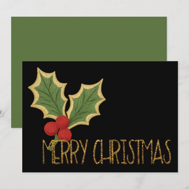 Minimalist Holly Berries Embroidery Christmas Holiday Card (Front/Back)