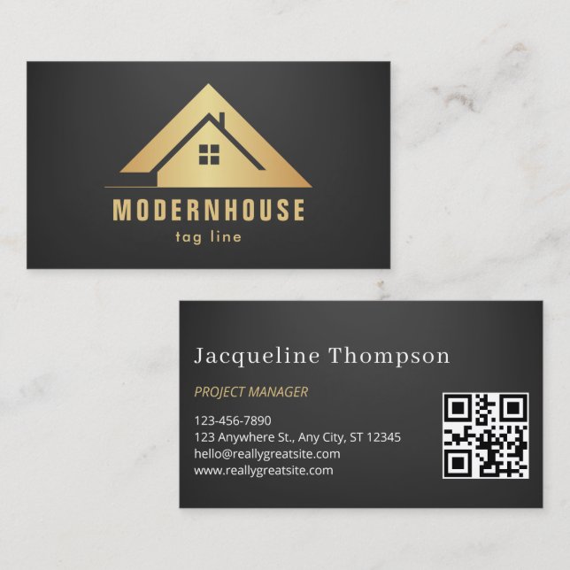 Minimalist Home Building Construction Luxe QR Code Business Card (Front/Back)