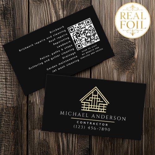 Minimalist Home Building Construction Luxe QR Code Foil Business Cards