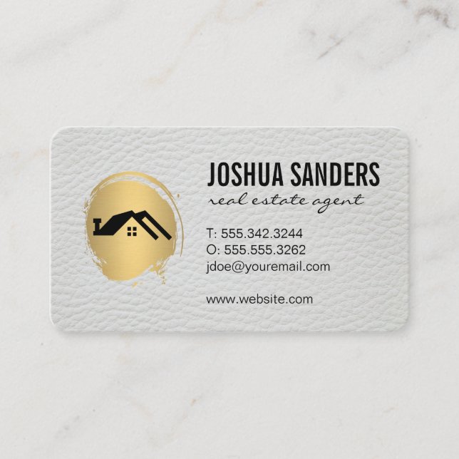 Minimalist Home Icon / Gold Brushed Faux Leather Business Card (Front)