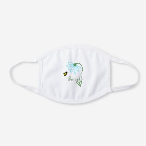 Minimalist Honey Bee and Blue Flower Calligraphy White Cotton Face Mask