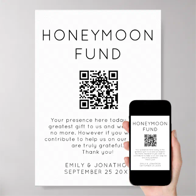 Minimalist Honeymoon Fund QR code Wedding Sign | Zazzle