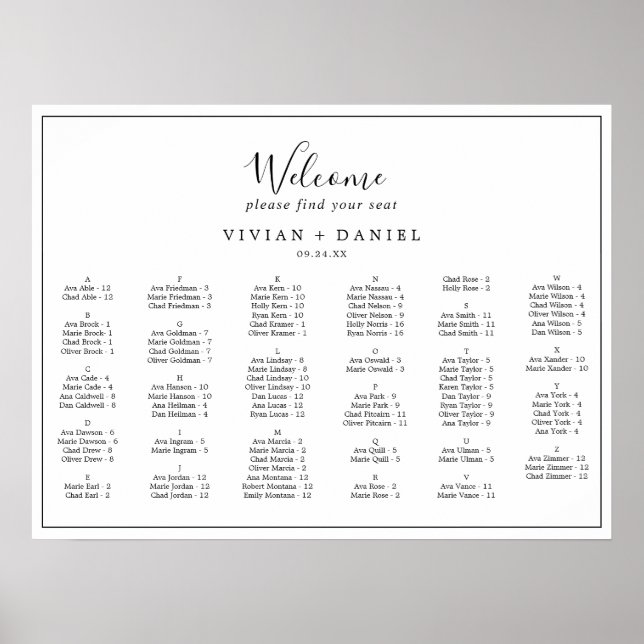 Minimalist Horizontal Alphabetical Seating Chart (Front)