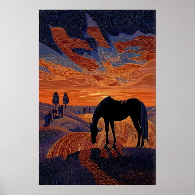 Minimalist Horse Sunset Print, Silhouette with Poster (Front)