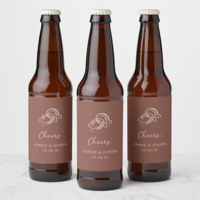 Minimalist Horseshoe | Rustic Brown Wedding Beer Bottle Label (Bottles)