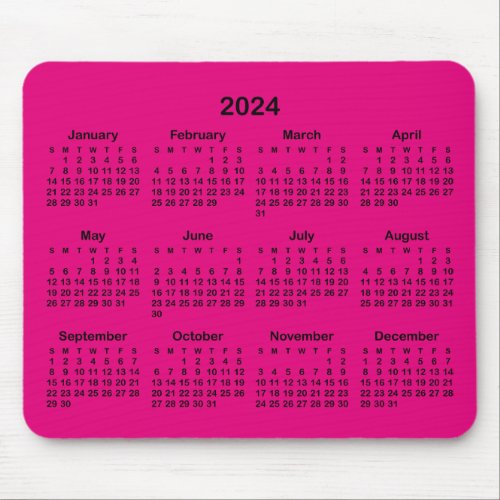 Minimalist Hot Pink and Black 2024 Calendar Mouse Pad