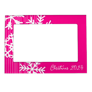 Minimalist hot pink and white Christmas snowflakes Magnetic Frame