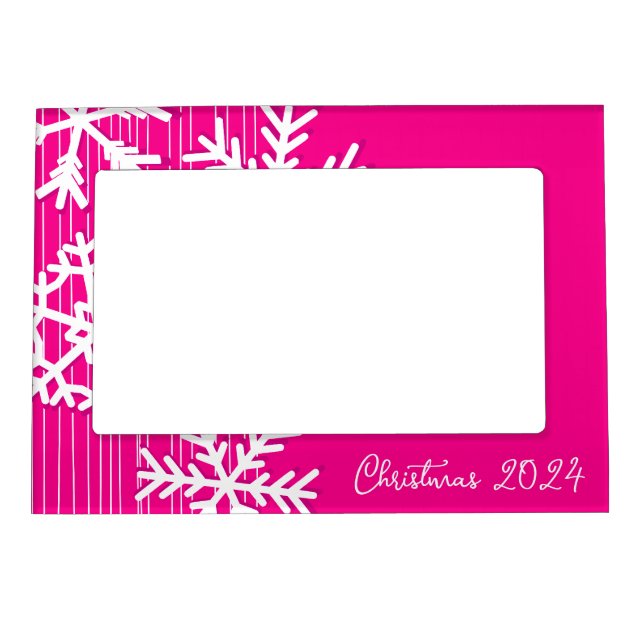 Minimalist hot pink and white Christmas snowflakes Magnetic Frame (Front)