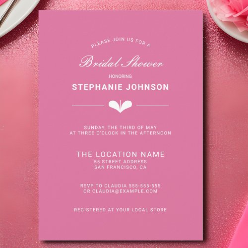 Minimalist Hot Pink and White Heart Bridal Shower Invitation