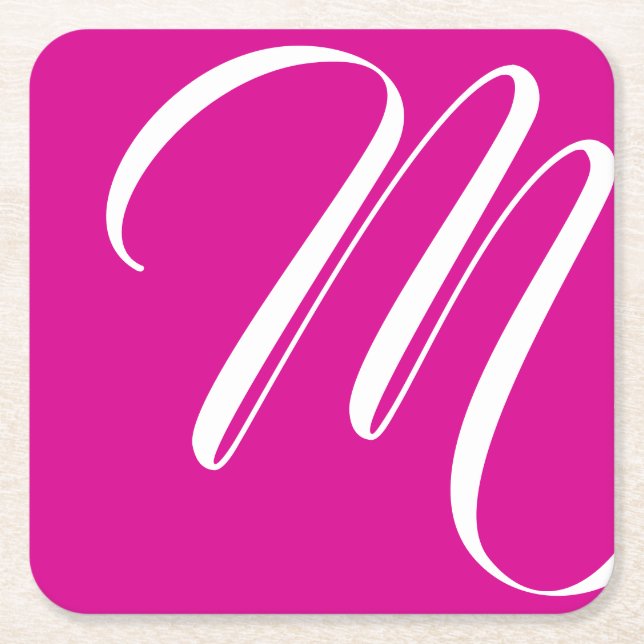 Minimalist Hot Pink And White Script Monogram Square Paper Coaster (Front)