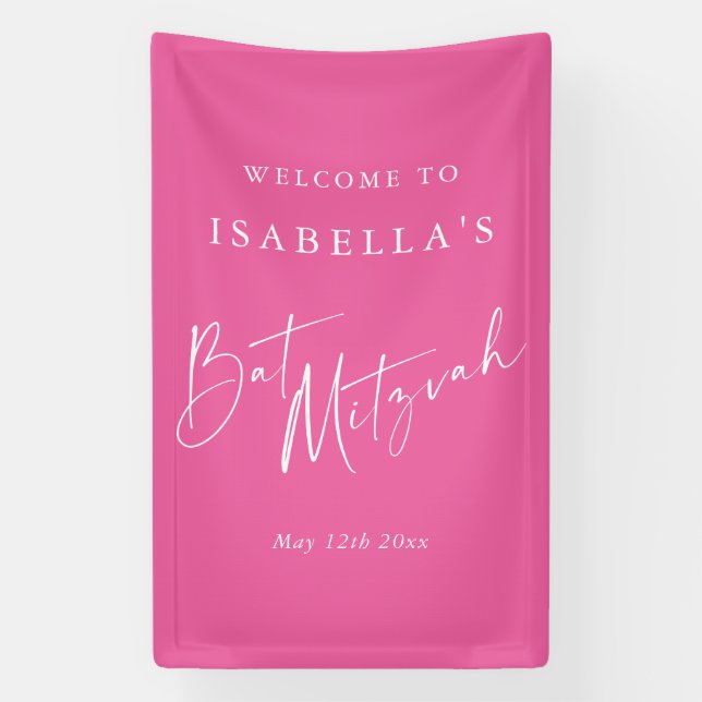 Minimalist Hot Pink Custom Bat Mitzvah Welcome Banner (Vertical)