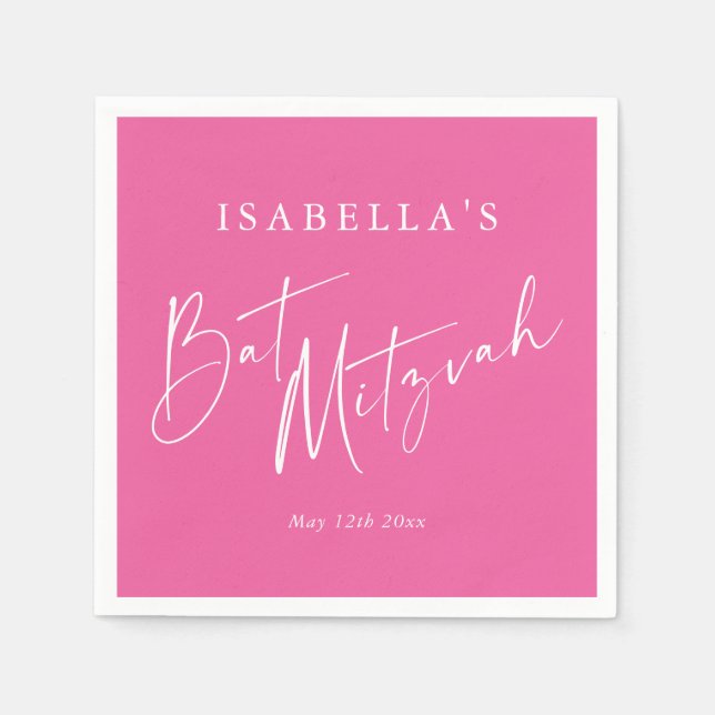 Minimalist Hot Pink Custom Bat Mitzvah Welcome Napkins (Front)