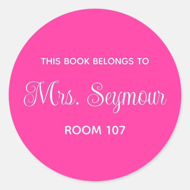 Minimalist Hot Pink Teacher Library Book Label (Front)