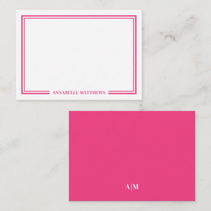 Minimalist Hot Pink Two Border Monogram Note Card
