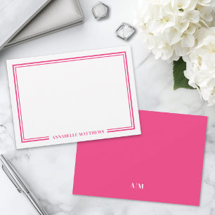 Minimalist Hot Pink Two Border Monogram Note Card