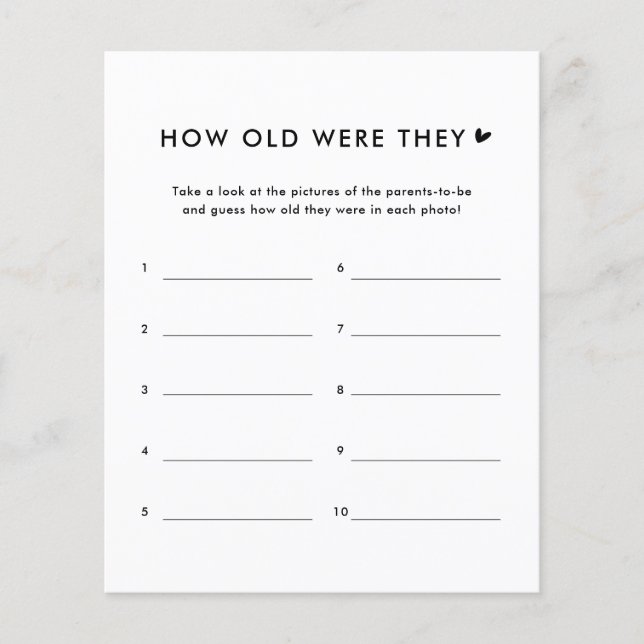 Minimalist How Old Were They Baby Shower Game (Front)