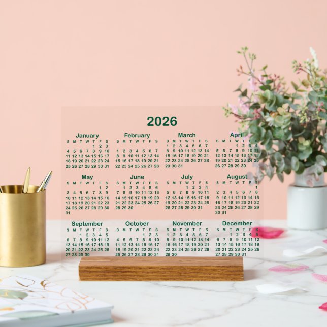 Minimalist Hunter Green 2026 Calendar Acrylic Sign (Wedding)