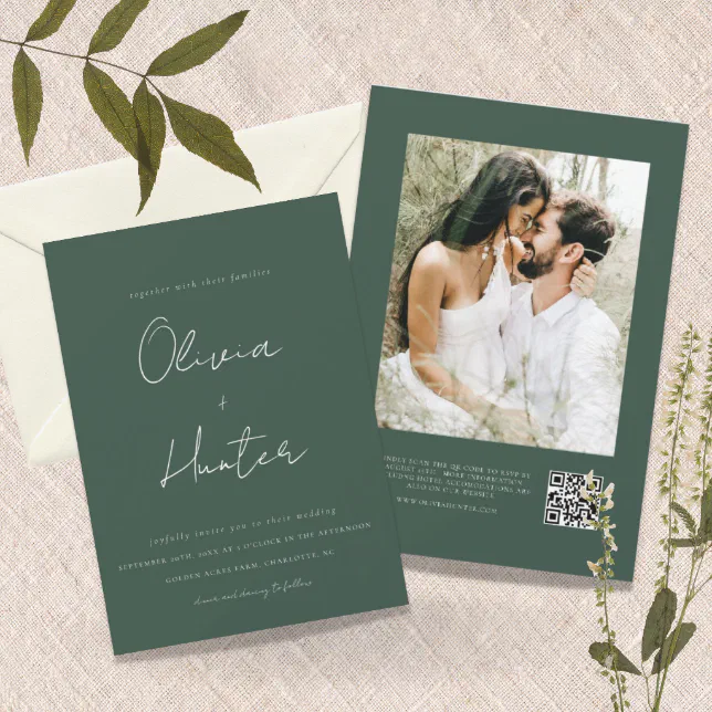 Minimalist Hunter Green QR Code Photo Wedding Invitation | Zazzle