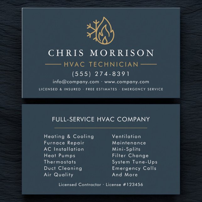 Minimalist HVAC Blue Gold Modern Business Card (Creator Uploaded)