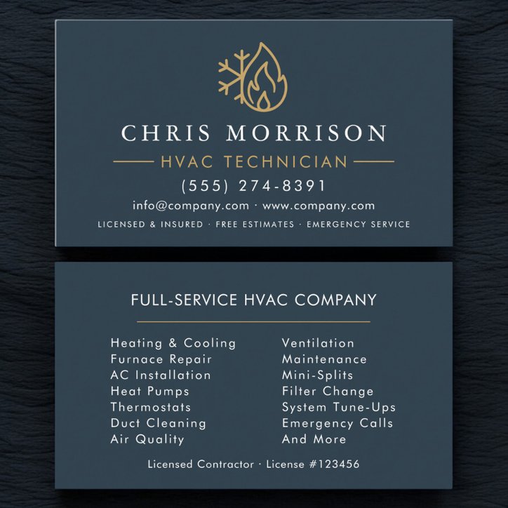 Minimalist Hvac Blue Gold Modern Business Card