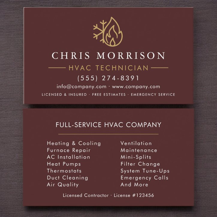 Minimalist Hvac Burgundy Gold Modern Business Card