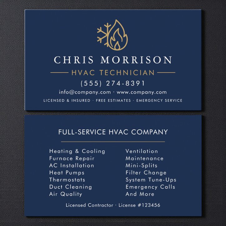 Minimalist Hvac Navy Blue Gold Modern Business Card