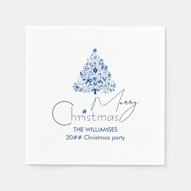Minimalist Hygge White and Blue Christmas Tree Napkins (Front)