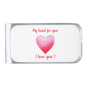 Minimalist I love you red watercolor heart Silver Finish Money Clip