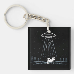 Minimalist Illustration of a UFO abducting a cow Keychain