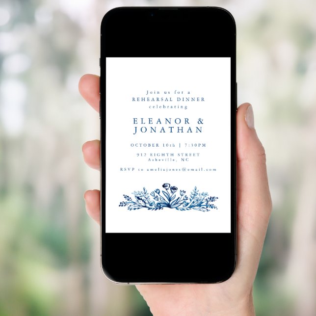 Minimalist Indigo Blue Botanical Rehearsal Dinner Invitation (Front Digital)