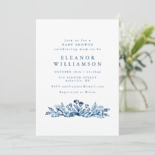 Minimalist Indigo Blue Ink Botanical Baby Shower Invitation