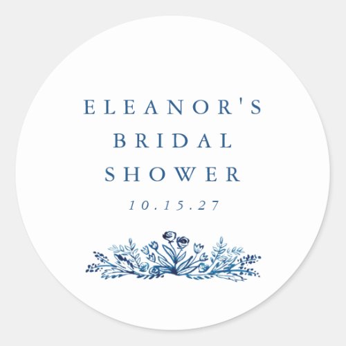 Minimalist Indigo Blue Ink Botanical Bridal Shower Classic Round Sticker