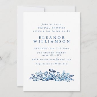 Minimalist Indigo Blue Ink Botanical Bridal Shower Invitation | Zazzle