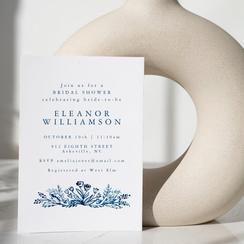 Minimalist Indigo Blue Ink Botanical Bridal Shower Invitation