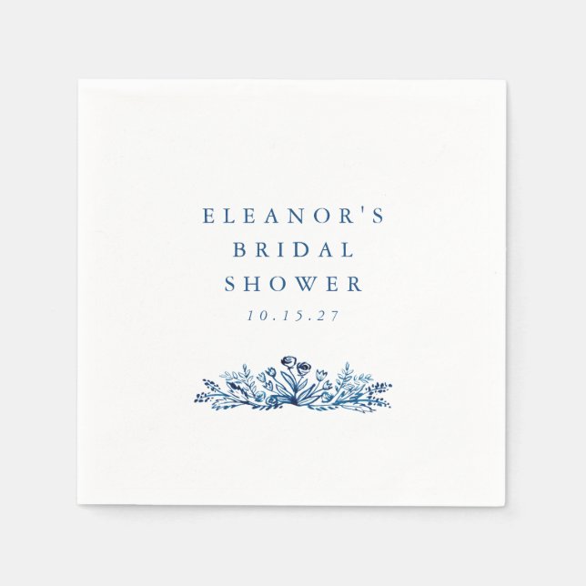 Minimalist Indigo Blue Ink Botanical Bridal Shower Napkins (Front)