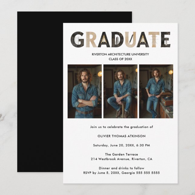 Minimalist Industrial Textured B&W Grad 3-Photo Invitation (Front/Back)