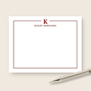 Minimalist Initial Dark Red Two Border Stationery Note Card