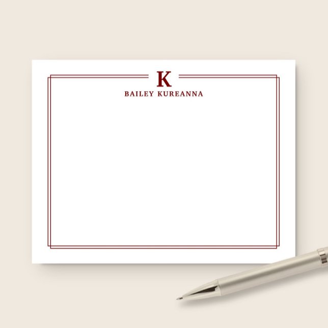 Minimalist Initial Dark Red Two Border Stationery Note Card (Creator Uploaded)