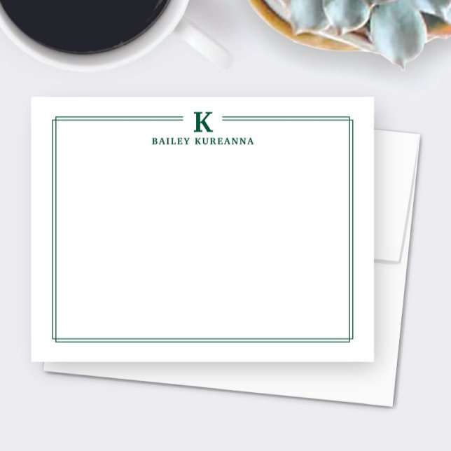 Minimalist Initial Hunter Green Border Stationery Note Card (Creator Uploaded)