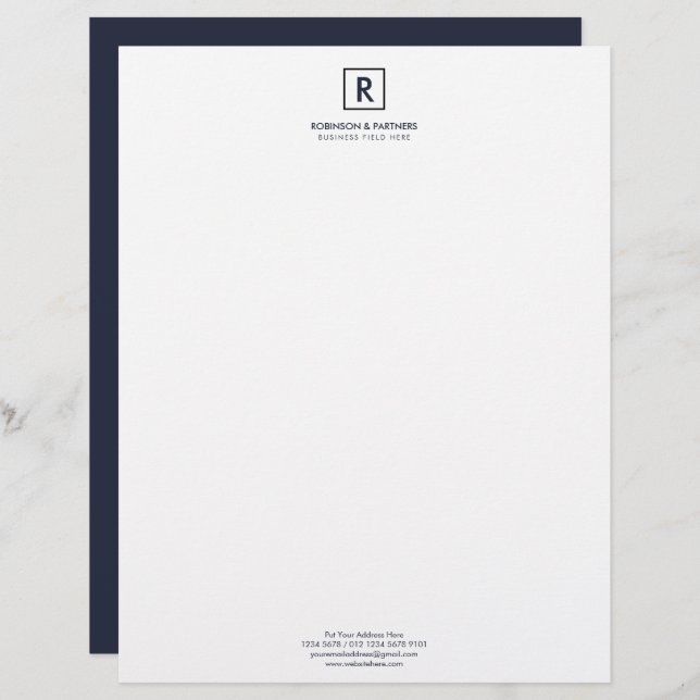 Minimalist Initial in Square Frame in Dark Blue Letterhead (Front/Back)