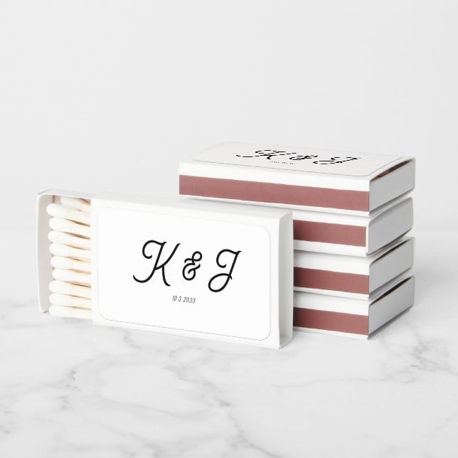 Minimalist Initials Black Script Monogram Wedding  Matchboxes (Stacked)