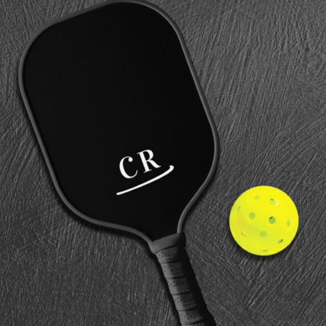 Minimalist Initials Monogram Black & White Pickleball Paddle (Black & White | Modern Monogram Initials Pickleball Paddle)