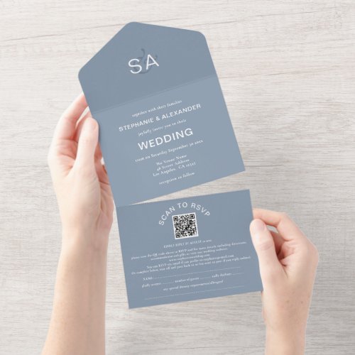 Minimalist Initials QR Code Dusty Blue Wedding All In One Invitation